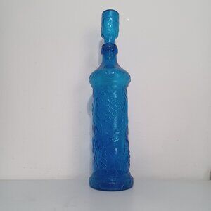 Blue Italian Art Glass Decanter Embossed Fruit